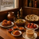 Bengali-style Indian breakfast dishes at City Spice on Brick Lane, including onion bhajis, curry, naan, and masala chai in a cozy morning setting.