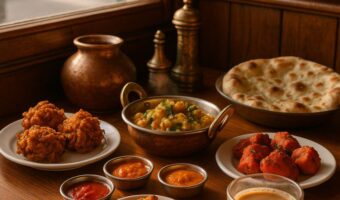 Bengali-style Indian breakfast dishes at City Spice on Brick Lane, including onion bhajis, curry, naan, and masala chai in a cozy morning setting.