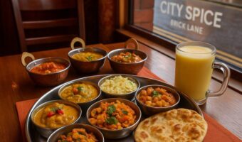 A colourful Indian thali buffet at City Spice in London, featuring Bengali dishes like chicken rezala, shatkora dal, and chana masala with naan and chutneys.